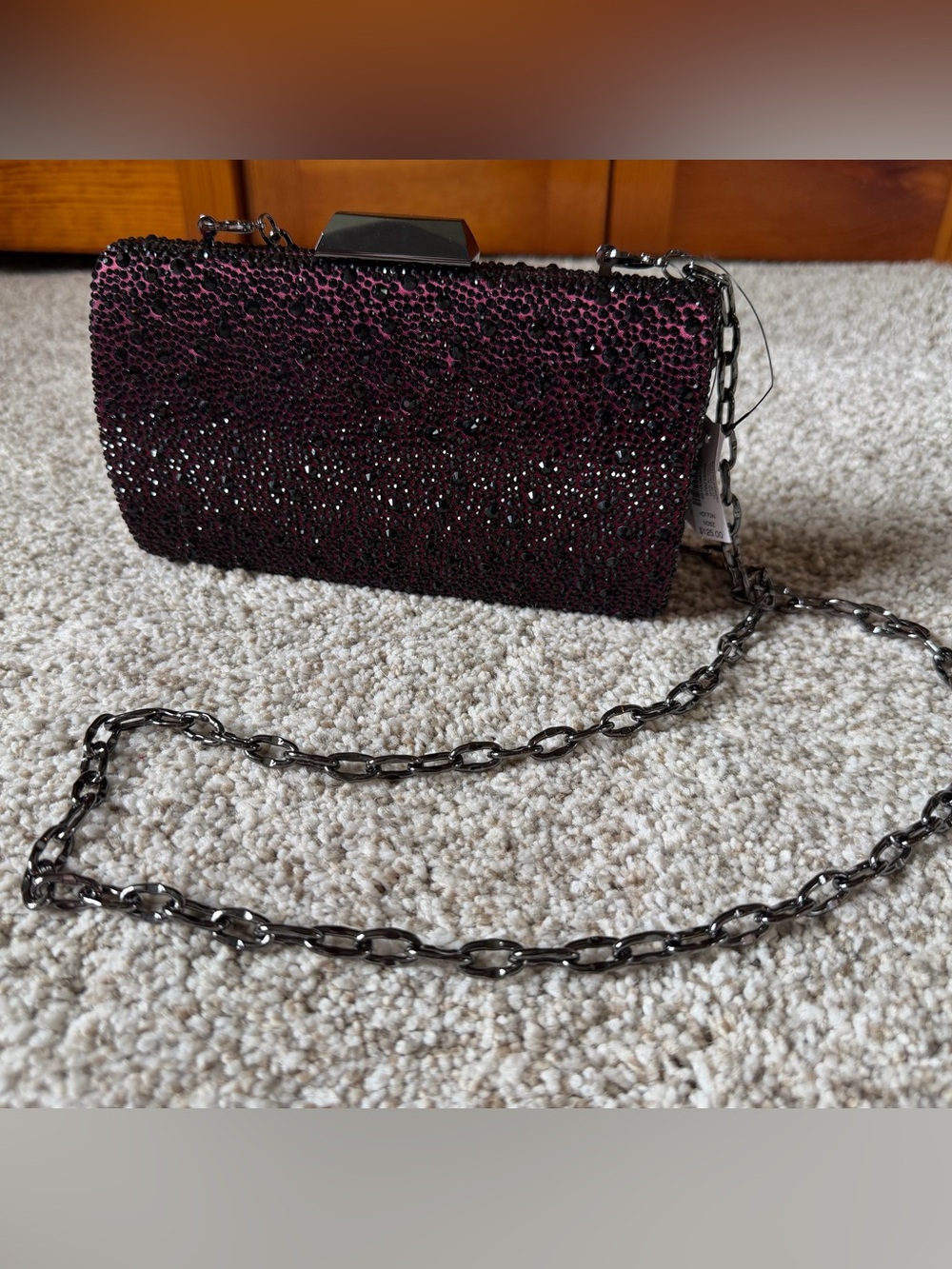 NWT White House Black Market Maroon Black Beaded Evening Clutch with Chain Strap